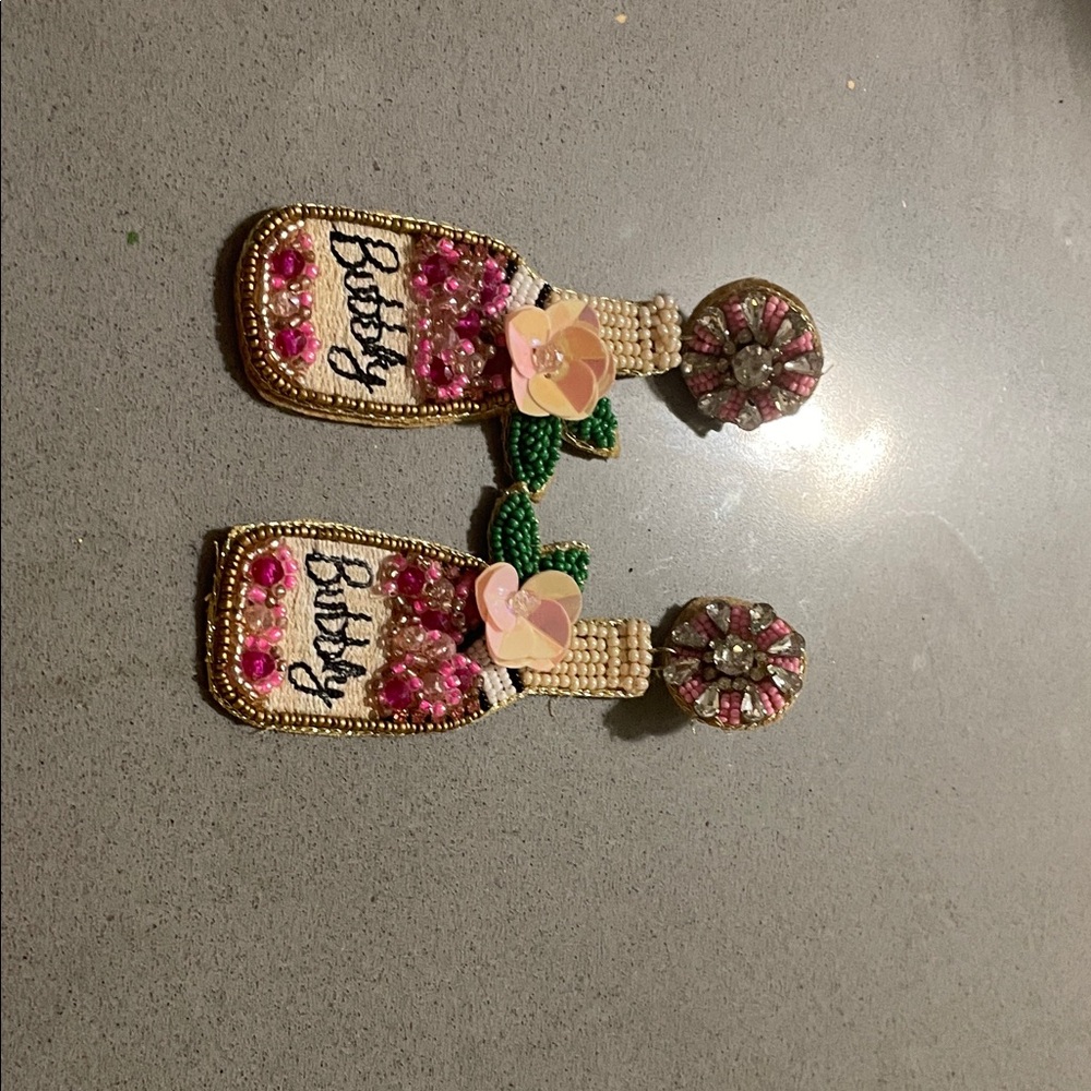 Beaded 'Baby' Champagne Bottle Earrings with Pink Accents